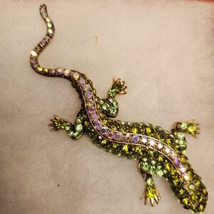 Vintage Gecko Brooch with Green And Aurora Borealis Stones Gold Accents
